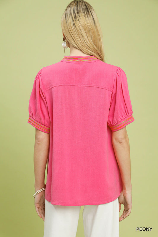 Embroidery Linen Puff Sleeve Blouse 4770bbb0-1484-4fd1-af3e-bf8cfed22e60-Max