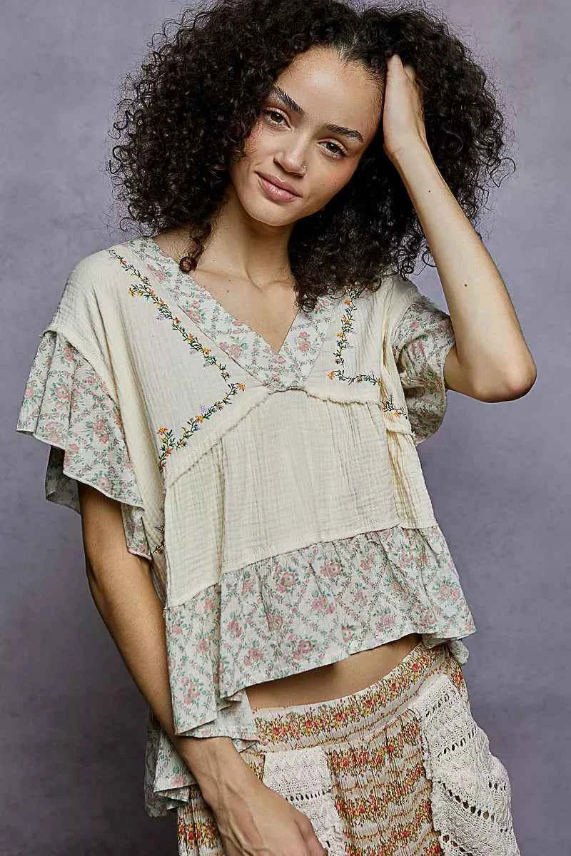 POL Floral V-Neck Short Sleeve Ruffled Double Gauze Blouse with Embroidery Detail NATURAL 4771a0c7-0295-4586-bcf1-4ddccf4a2883-Max-Origin