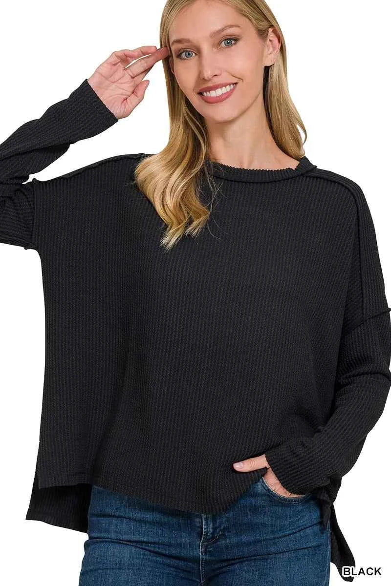 Full Size Exposed Seam Long Sleeve Corded Rib Knit Top Plus Size 4772759ece34493789881644e4423948-Max-Origin