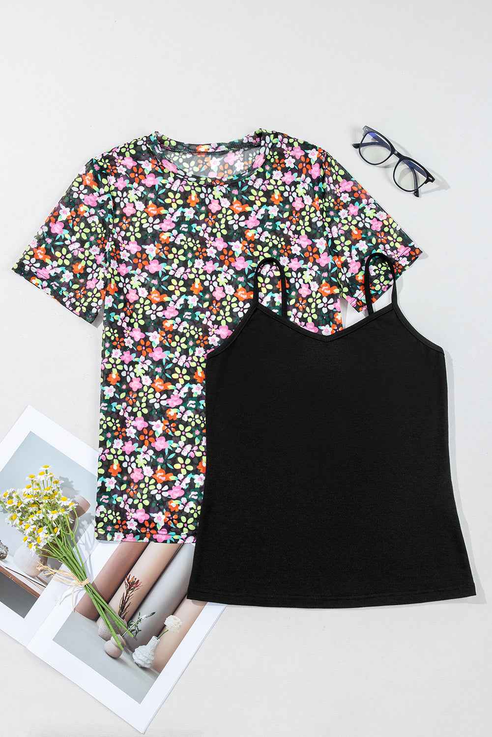 Black Sheer Mesh Floral Round Neck T Shirt with Camisole 47736bb097978c26