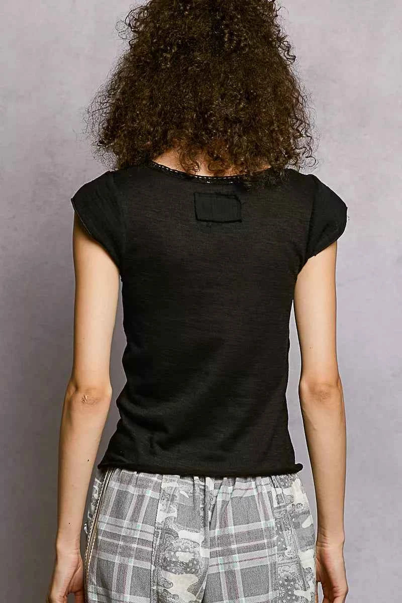 POL V-Neck Lightweight Textured Short Sleeve Knit Top with Lace Trim 47801ab5-3fb6-401c-9914-817e54a9414e-Max-Origin