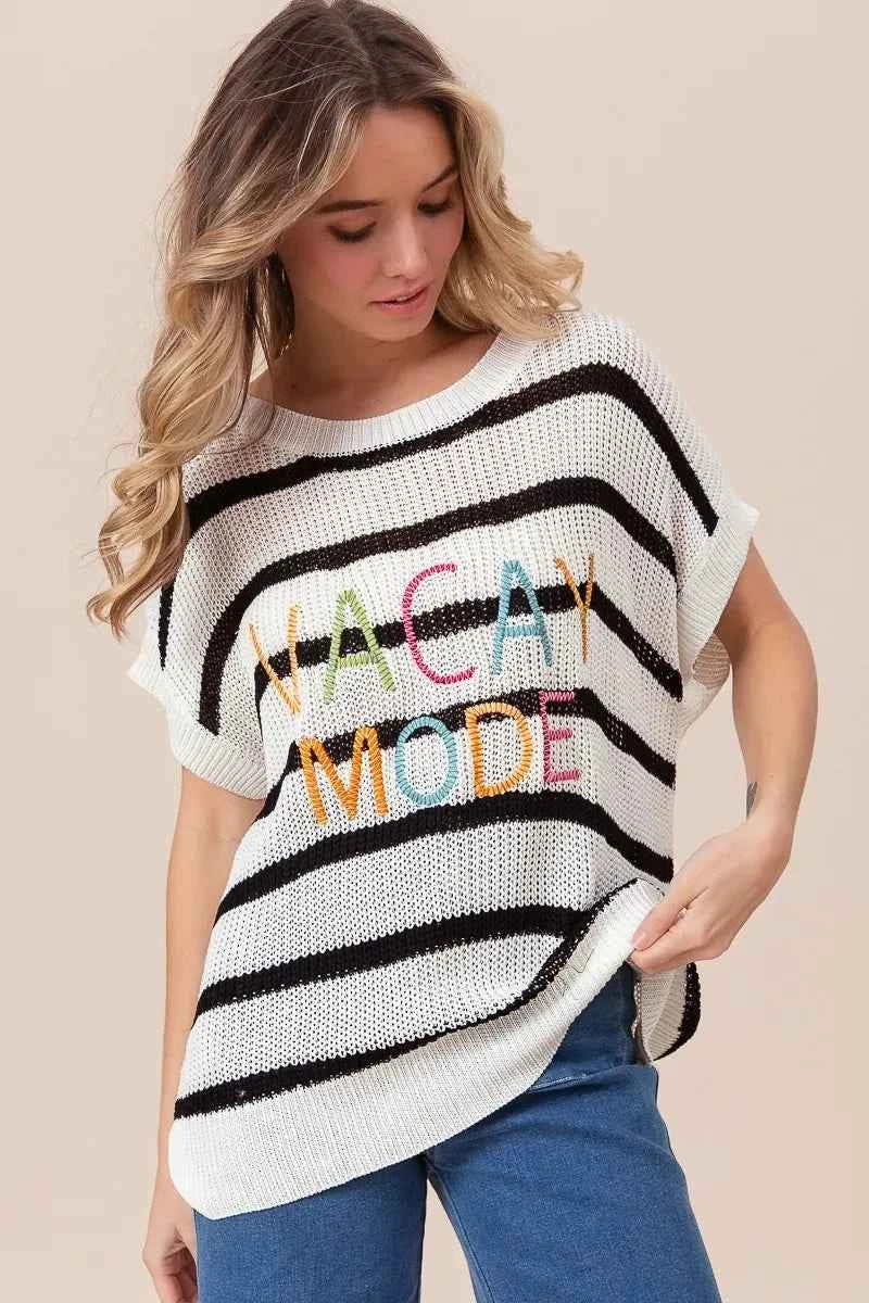 BiBi Vacay Mode Lettering Drop Shoulder Striped Sweater 478573907b394204bb141e30455c83ac-Max-Origin