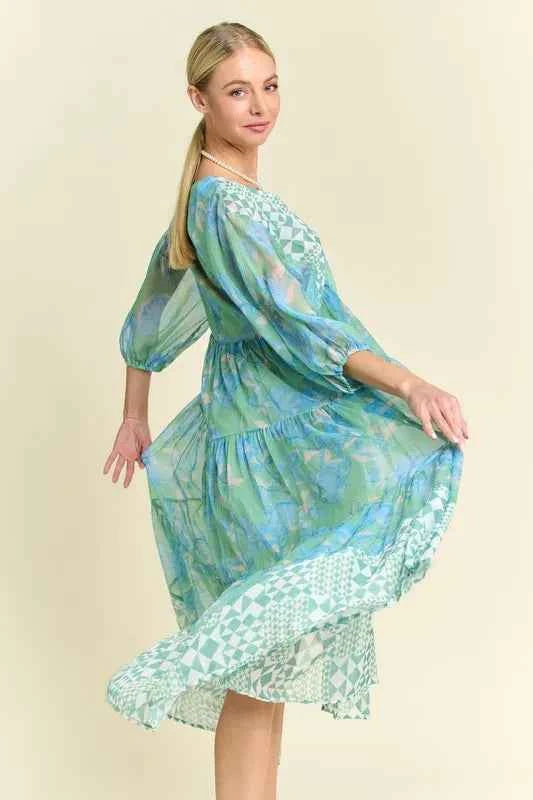 Davi & Dani Geo and Floral Print Mixed Tiered Dress 478961add764428a9169b13a78f5431f-Max-Origin