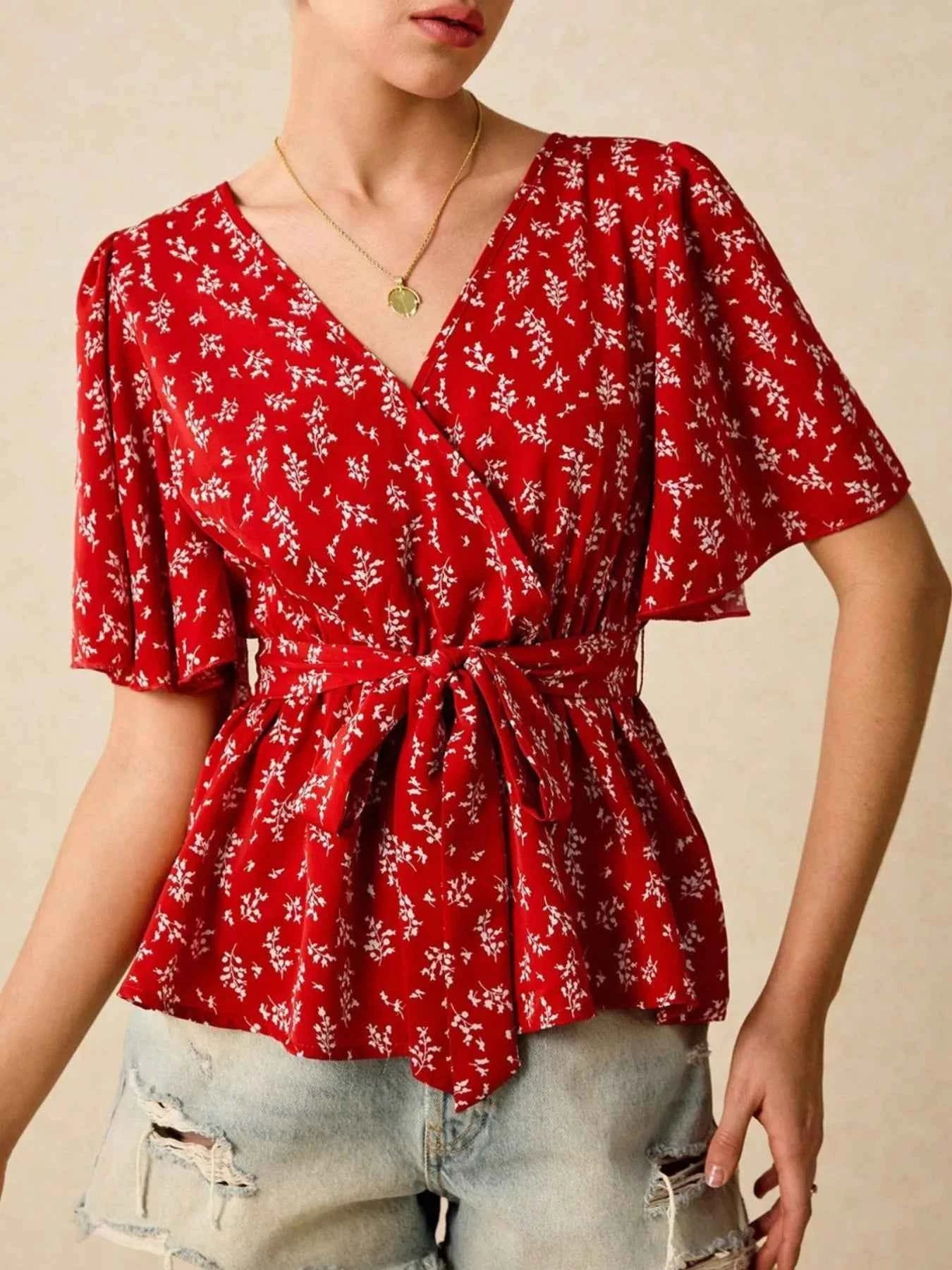 Printed Surplice Flutter Sleeve Blouse 478a999a-f93f-4f4f-8b9a-dd3eb353f133-Max-Origin