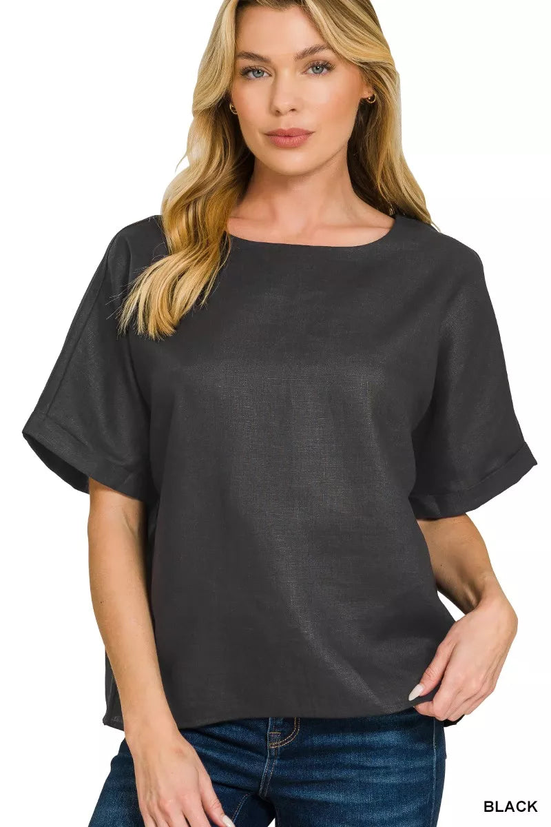 Zenana Linen Round Neck Cuffed Sleeve Top BLACK 478b8ac9db5142f3addfe0a2502b5735-Max-Origin