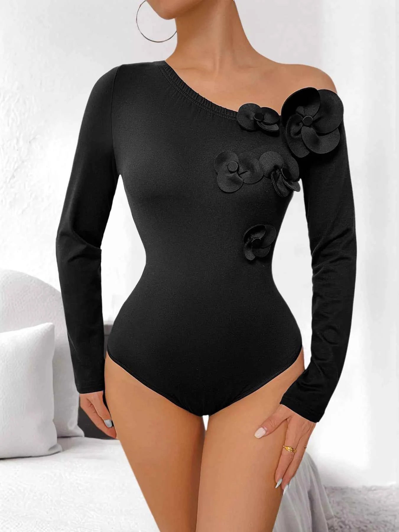 Flower One Shoulder Long Sleeve Bodysuit 47902291cc654931befb60518cde83db-Max-Origin