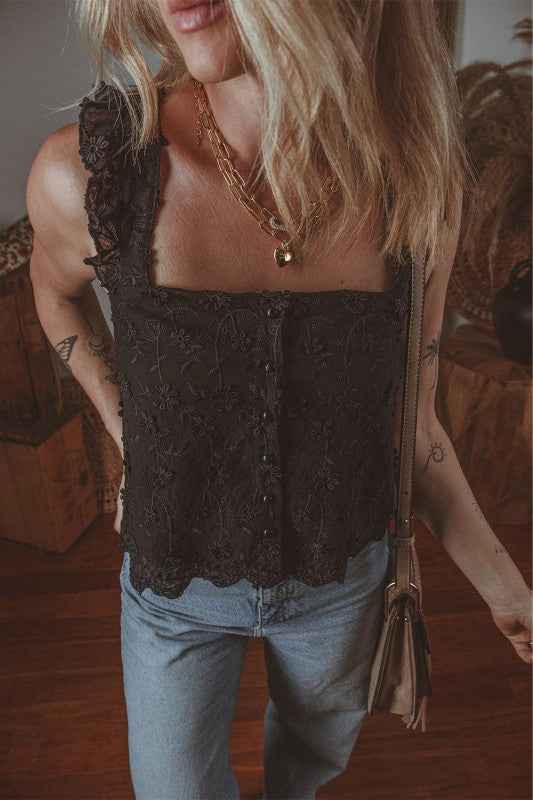 Floral Embroidered Buttoned Square Neck Tank Top Black 47939c8f-5a74-48b3-8a9e-315e51f2b534