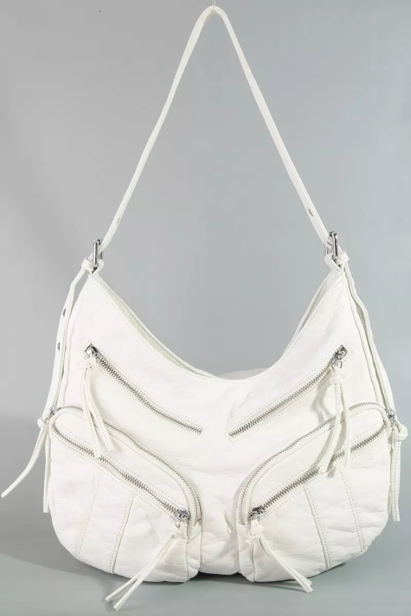 Fame Multi Zipper Pocket Leather Hobo Bag WH One Size 4798fc7c-9dd8-4a7c-b8b6-e6fec5947a98-Max-Origin