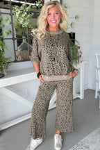 Khaki Jacquard Leopard Half Sleeve Jumper Wide Leg Pant Set 479af82328a6a733