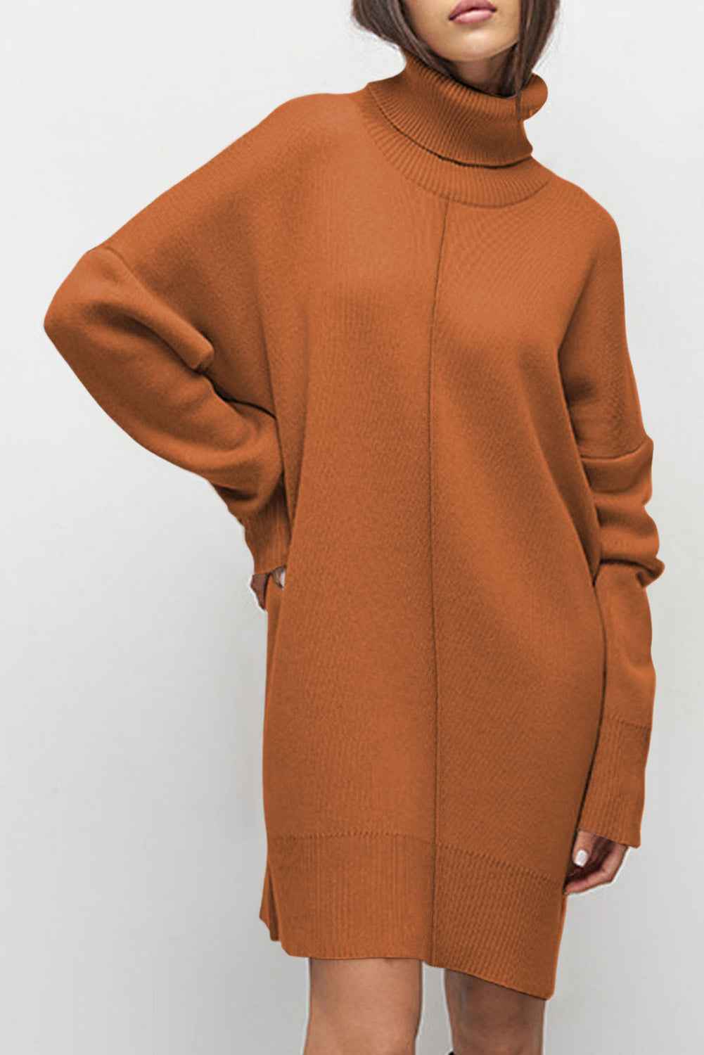 Black Solid Color Turtleneck Drop Shoulder Loose Sweater Dress 479c0494cba4ac4d