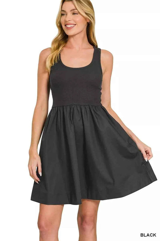 Zenana Combined Knit & Woven Midi Dress BLACK 479f7ec6331649168f57a3f44c7d638f-Max-Origin
