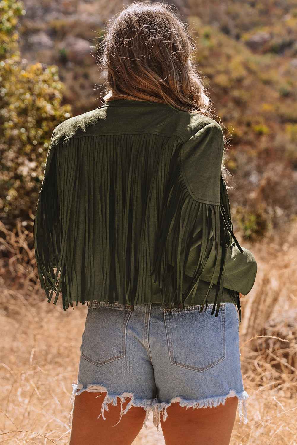 Green Cropped Fringe Faux Suede Jacket 47a631c1c3cd452c