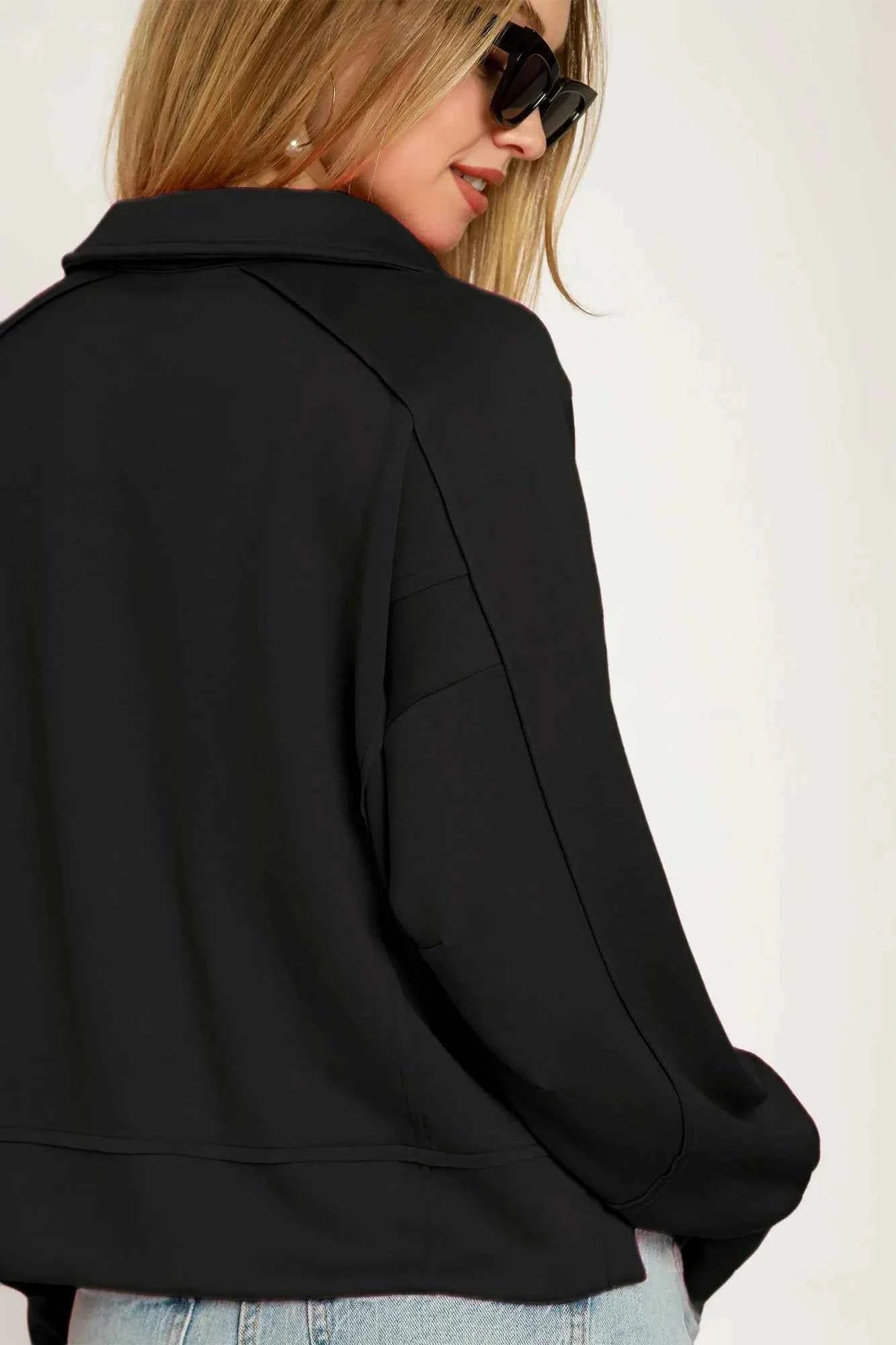 Collared Neck Long Sleeve Top with Raw Hem Detail 47a74221-7238-4ba4-8624-43d74c75270a-Max-Origin