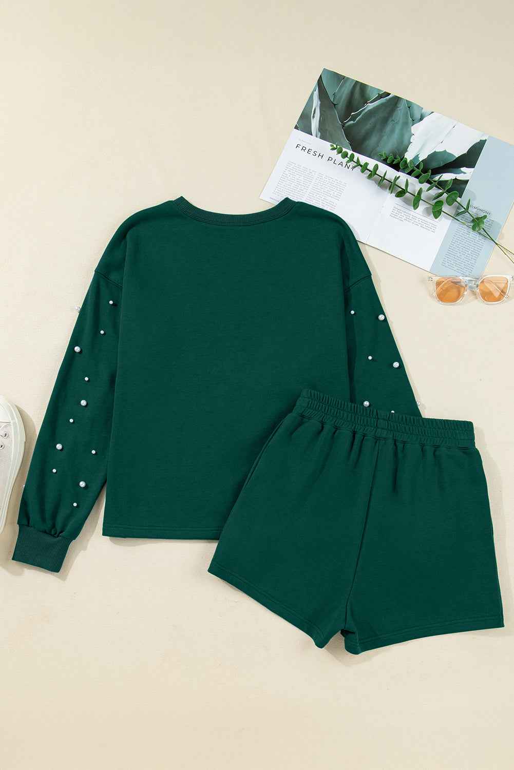 Dark Green Pearl Embellished Drop Shoulder Pullover Elastic Waist Mini Skirt Set 47b510708664325f