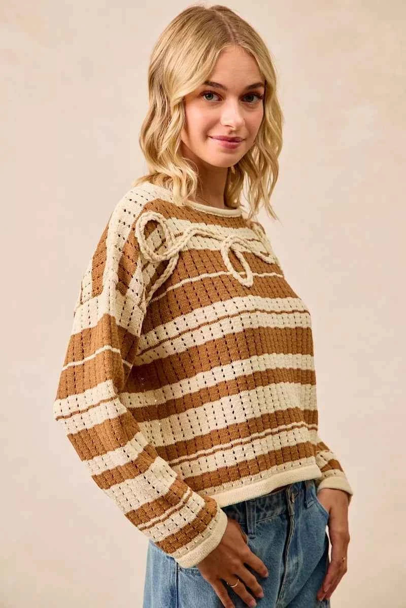 BiBi Striped Open Knit Sweater Top with Front Braided Detail 47b612231642406cb0b8df1d311dd837-Max-Origin