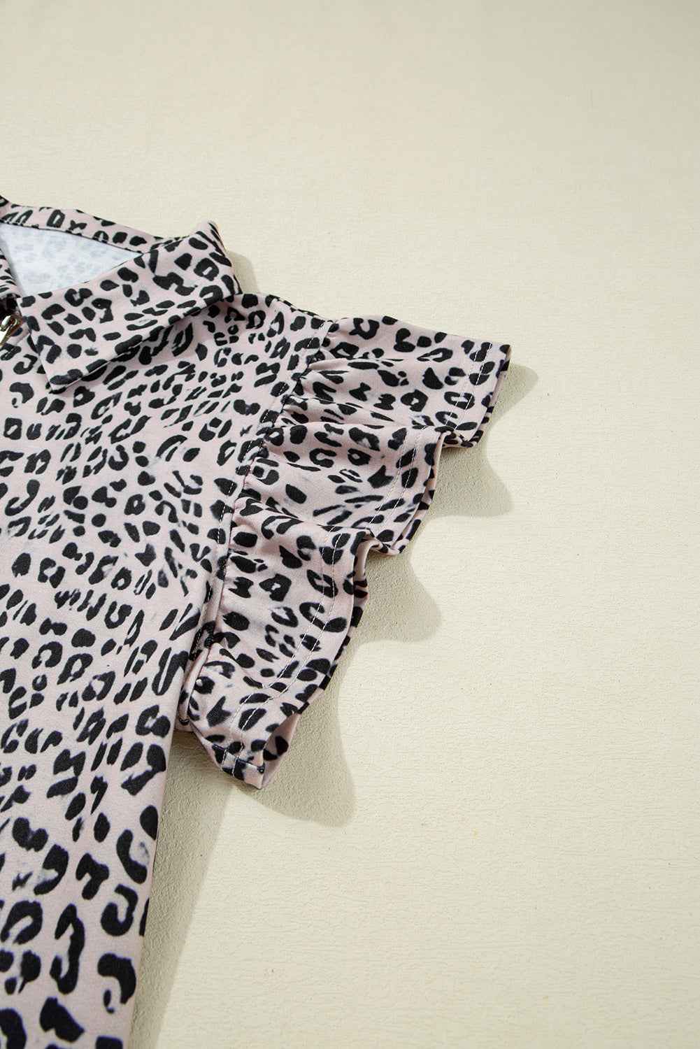 Brown Leopard Half Zipper Collared Ruffle Sleeve Top and Shorts Set 47b6f6e12a7984f7