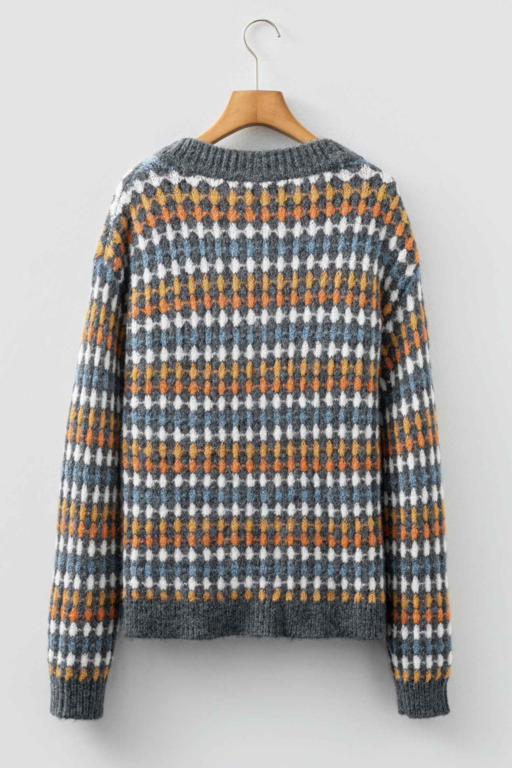 Gray Dotty Pattern Knit Button Front V Neck Sweater Cardigan 47b728761136b64a