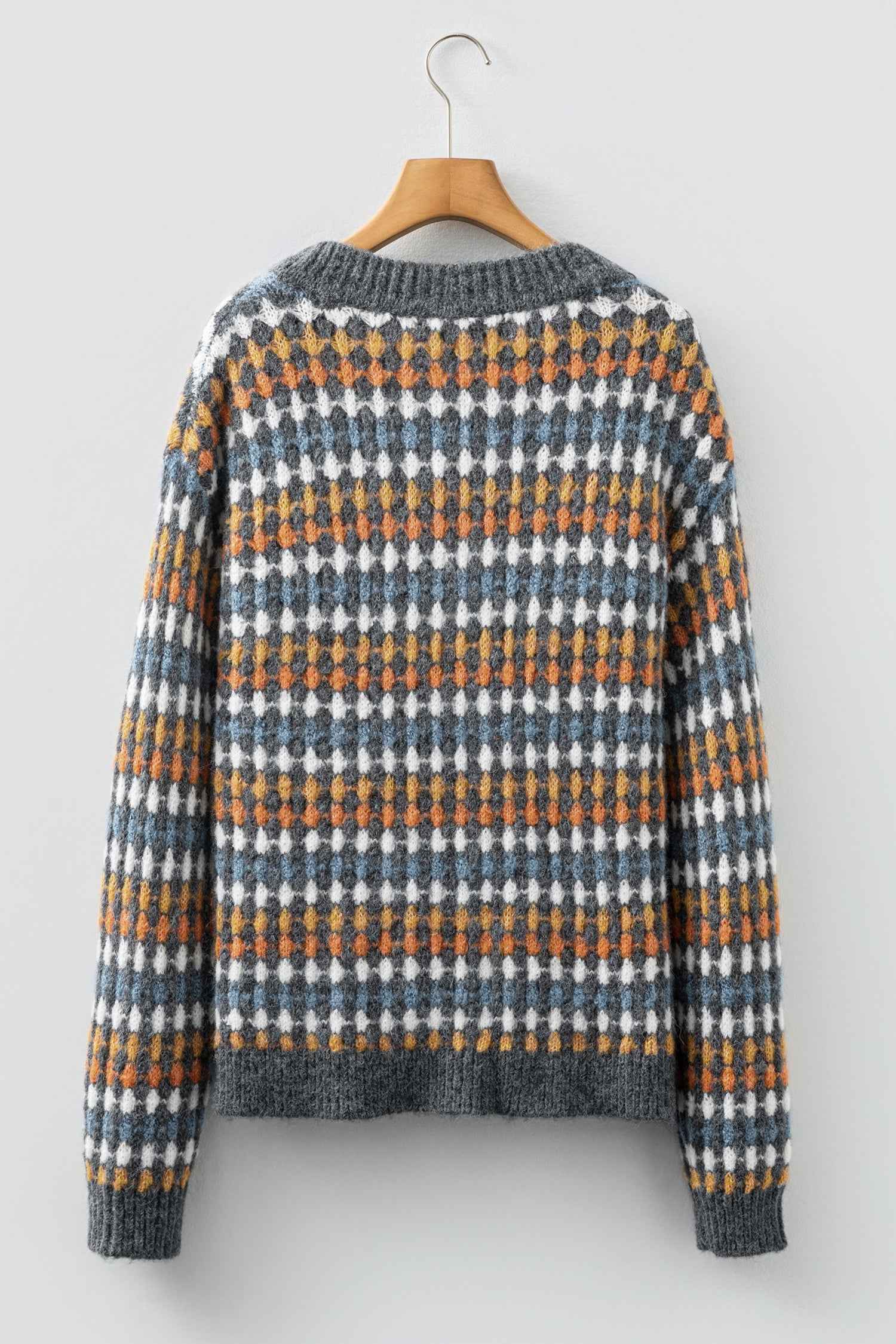 Gray Dotty Pattern Knit Button Front V Neck Sweater Cardigan 47b728761136b64a