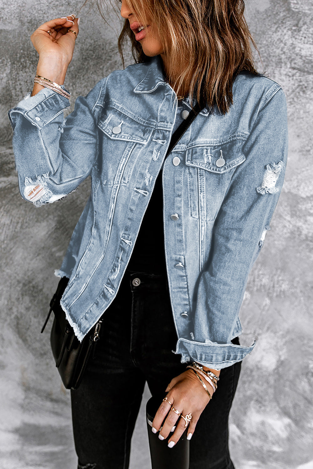 Light Blue Distressed Ripped Raw Hem Buttons Denim Jacket 47b896190c9e51e5