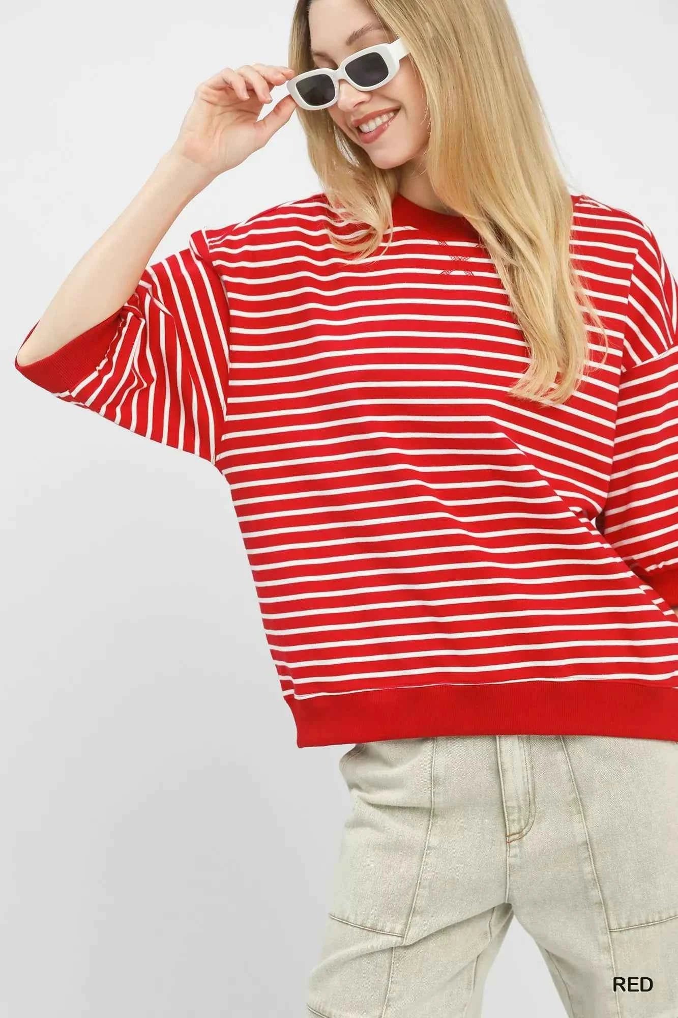 Umgee Striped Short Sleeve Pullover Top 47b8f2d2-e3cd-452b-8f1d-1e327ef71cf4-Max-Origin