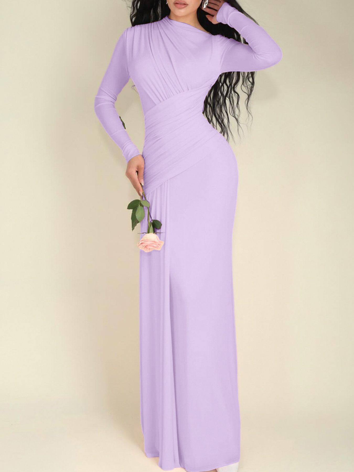 Ruched Long Sleeve Mermaid Maxi Dress Lilac 47be880c-67d9-4f1c-847e-af2c5878d851-Max