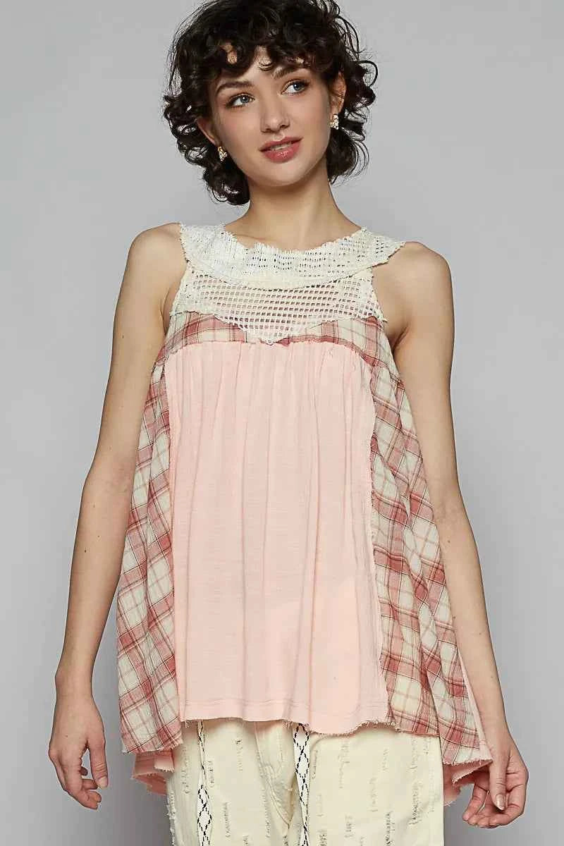 POL Crochet Lace Plaid Panel Detail Tank Watermelon pink 47bf93d1-c42d-4208-b6d4-e1c80f38b61e-Max-Origin