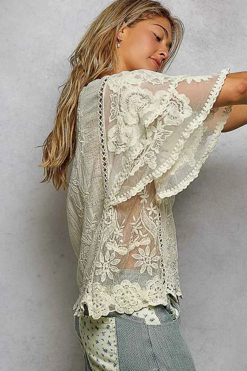POL Floral Crochet V-Neck Short Sleeve Blouse with Scalloped Hem 47c3e77f-493c-4eb6-98c9-0d72be4ee8e8-Max-Origin