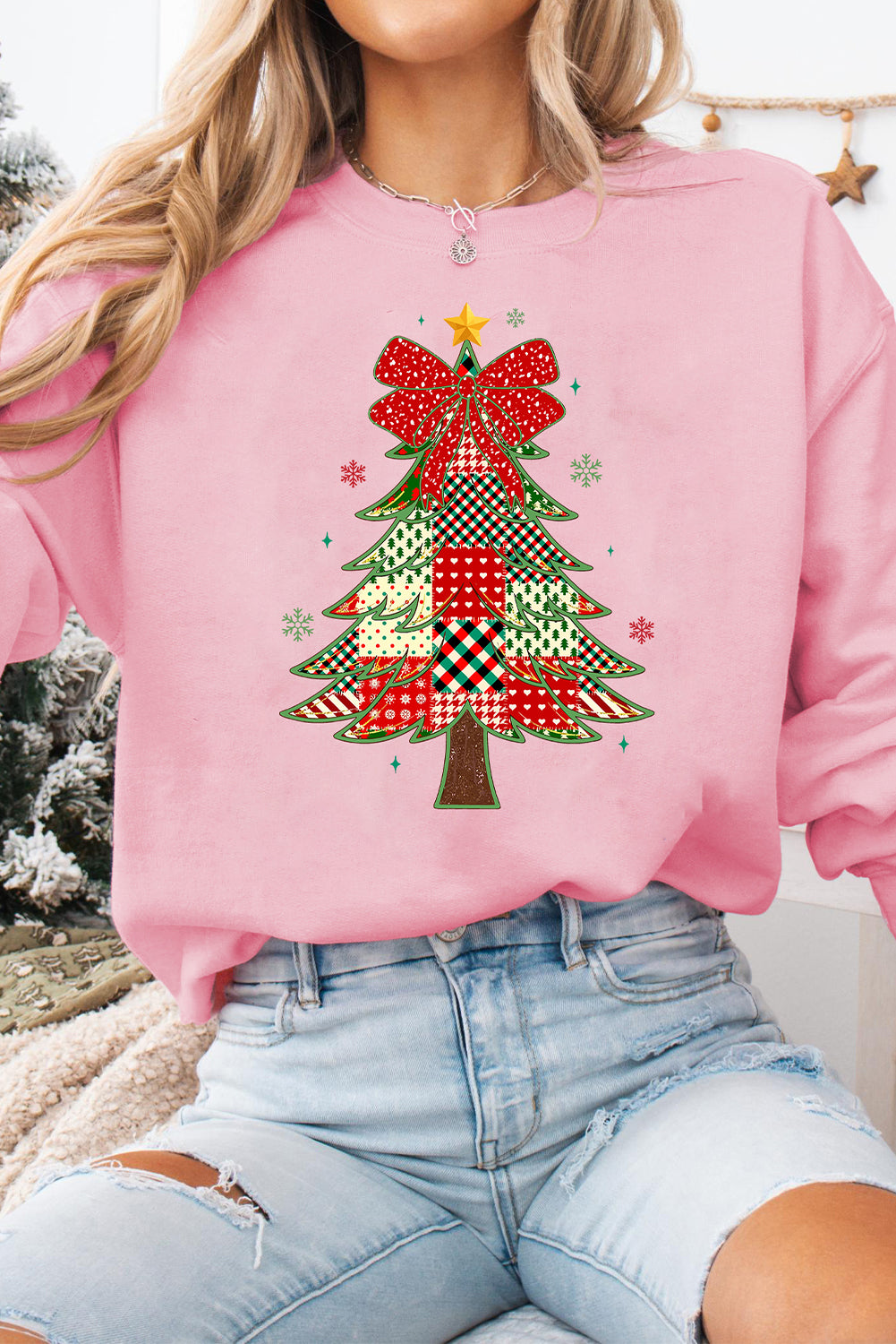 Pink Multi-pattern Checkered Christmas Tree Womens Drop Shoulder Sweatshirt 47c9e73641f3c0da
