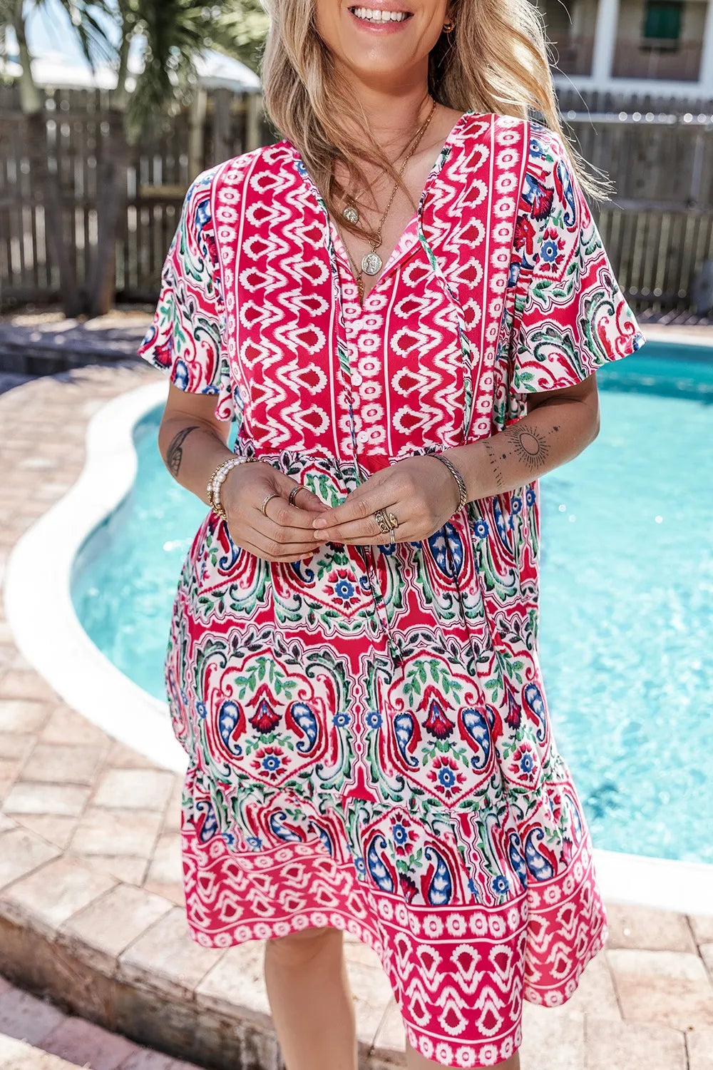 Printed Tie Neck Short Sleeve Dress 47d44f41-ba6c-421e-a308-5261150b98be-Max