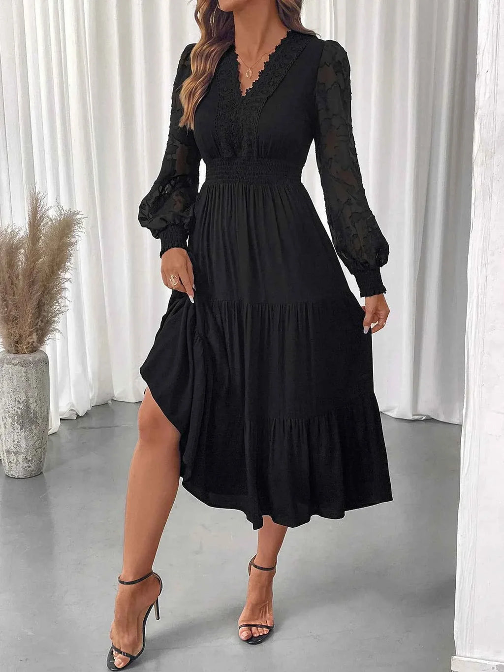 Lace Detail Lantern Sleeve Tiered Dress Black 47de97e8-d785-4ba9-b6e8-410420cfacf7-Max-Origin