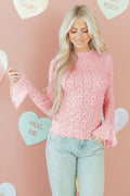 Gossamer Pink Heart Jacquard Flare Sleeve Mock Neck Fitted Top Gossamer Pink 90%Polyester+10%Elastane 47e706eebd0f666a