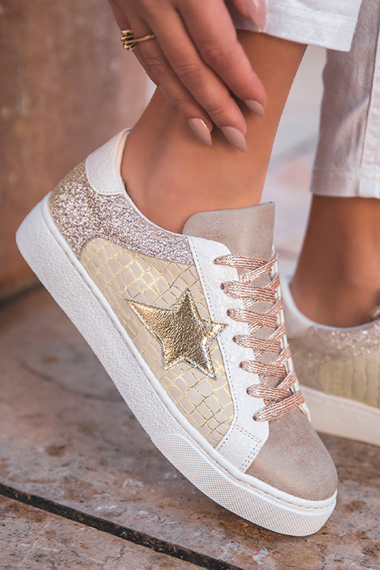Gold Glitter Star Patchwork PU Leather Lace-up Sneakers 47e7259a1066643a