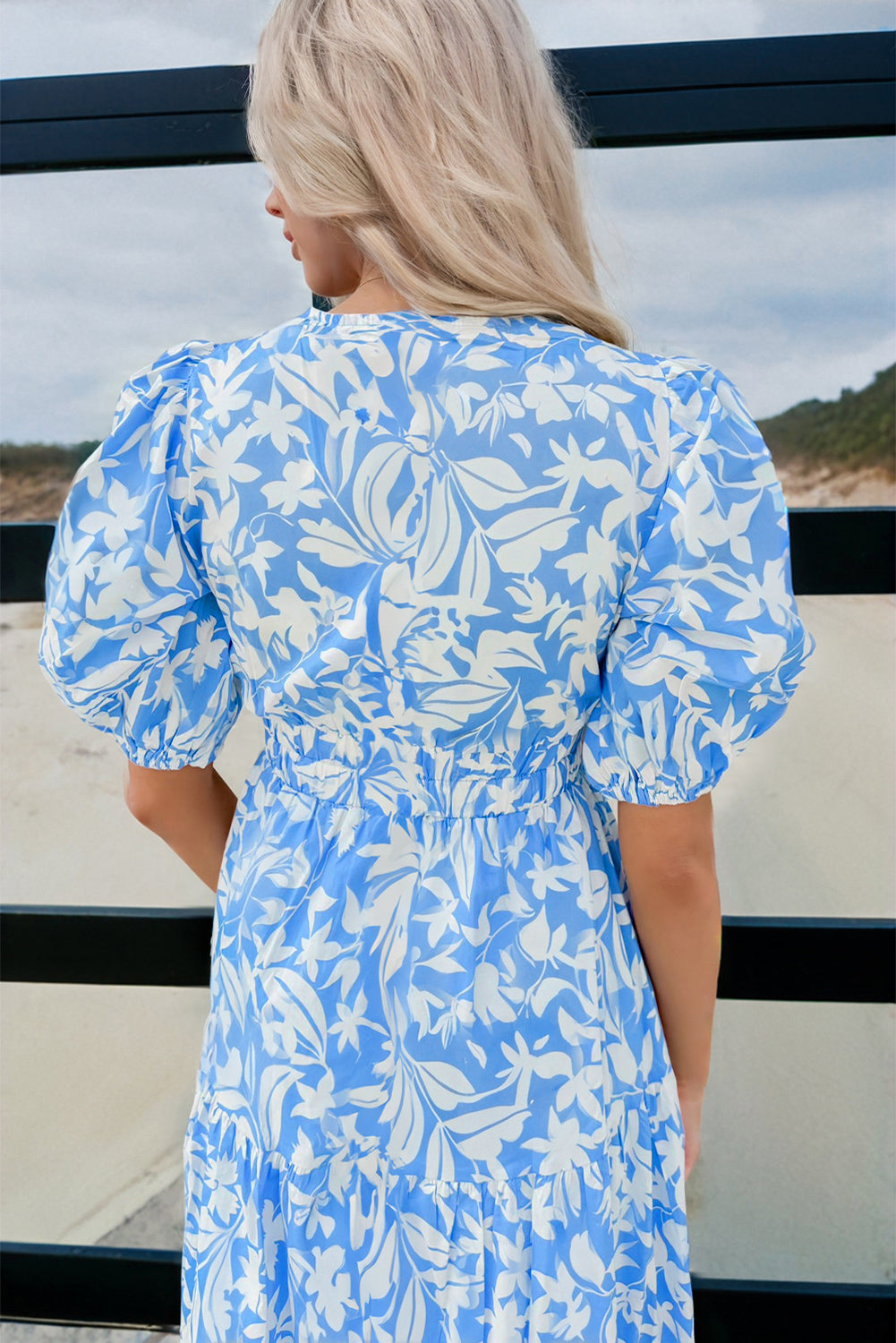 Sky Blue Floral Print Deep V Neck Puff Sleeve Flowy Dress 47ebd76cc3d25c92