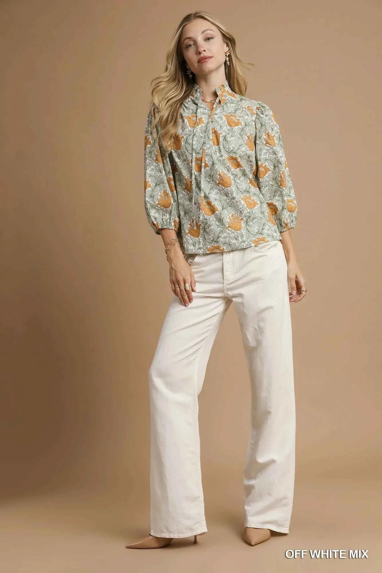 Umgee Floral Print Tie Neck 3/4 Sleeve Blouse 47efcb14-2fd7-4233-bd33-f83b8d4a7b84-Max-Origin