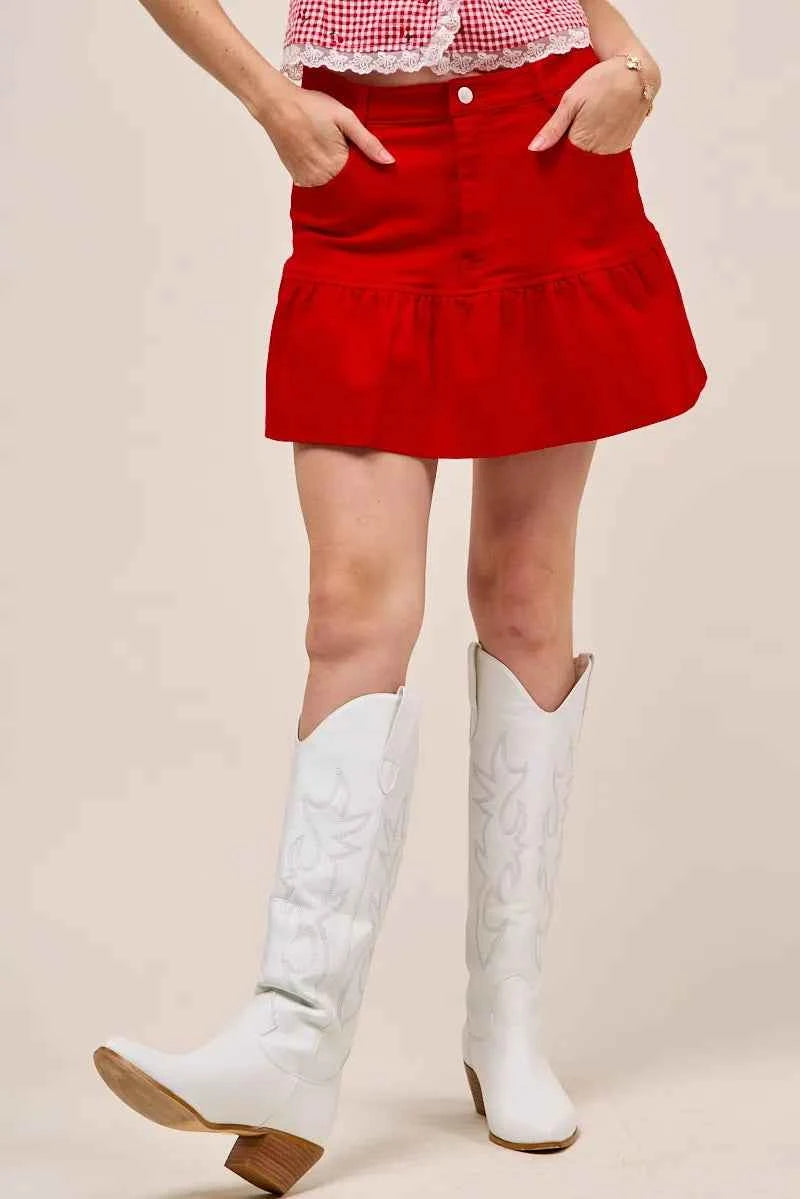 SO ME Ruffled Hem Game Day Mini Skirt RED 47f12f8f8d1b46a39807ccf0274a99b5-Max-Origin