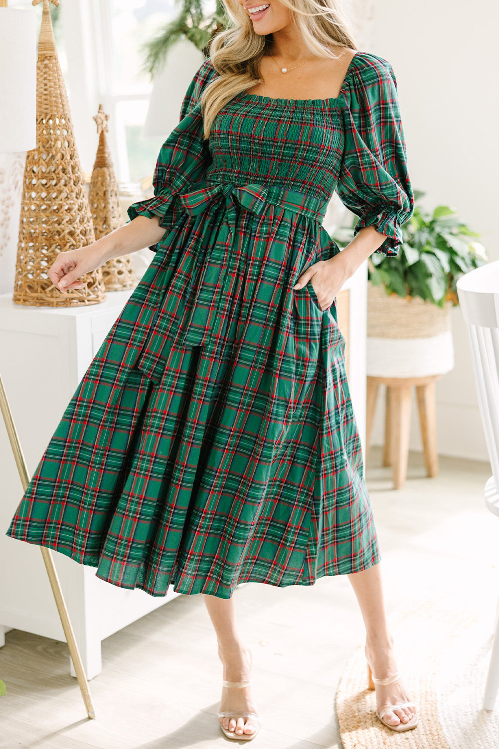 Green Plaid Square Neck Puff Sleeve Bowknot Waist Flared Midi Dress Green 75%Polyester+25%Cotton 47f860170f3d860c