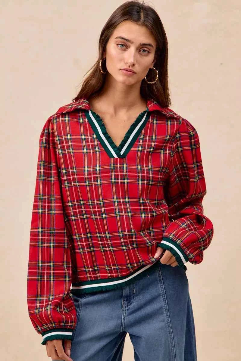 BiBi Christmas Plaid Collared Top with Ruffled Detail 47f90e51e7bf4e079c867bd6fa9e5522-Max-Origin