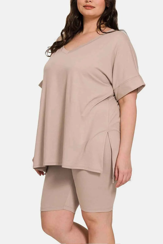 Zenana Full Size V-Neck Short Sleeve Slit T-Shirt and Shorts Set 47f9c5c0-00c9-41a0-9cd6-857a7c9805d8-Max