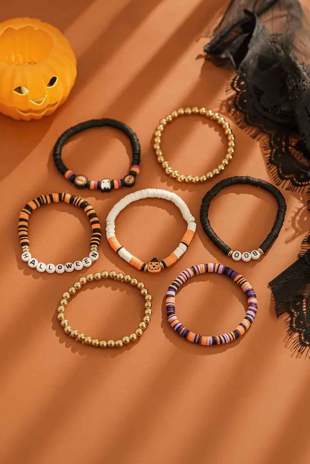 Russet Orange Playful 7pcs Halloween Beaded Bracelet Set Russet Orange ONE SIZE polymer clay 4800b8d79f8f032f