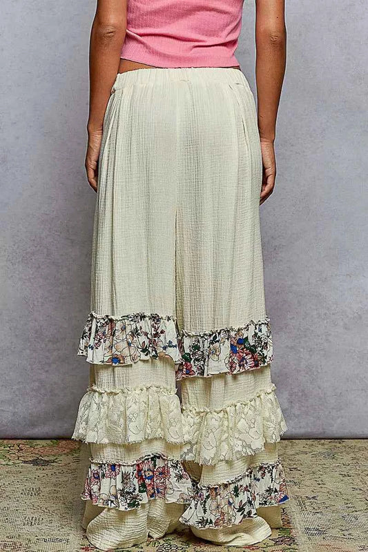Drawstring Double Gauze Wide Leg Pants with Print and Lace Ruffle 4806f934-6ba2-4677-94bd-89192a7de557-Max-Origin