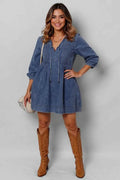 Tie Neck Long Sleeve Mini Denim Dress Dark 48076010-eef3-4da9-9fbf-cce466cdf0b1-Max-Origin