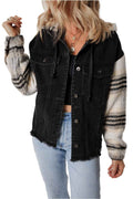 Black Patchwork Plaid Sleeve Frayed Hem Hooded Denim Jacket Black 70%Cotton+30%polyester 48086f0279b03236