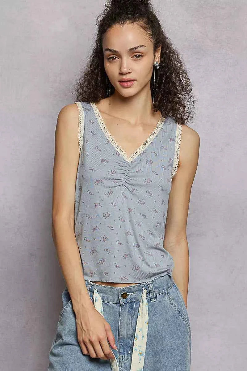 POL Ruched Floral V-Neck Tank with Lace Detail 480b7cf0-ea38-407b-ae4a-9671a2477fb0-Max-Origin
