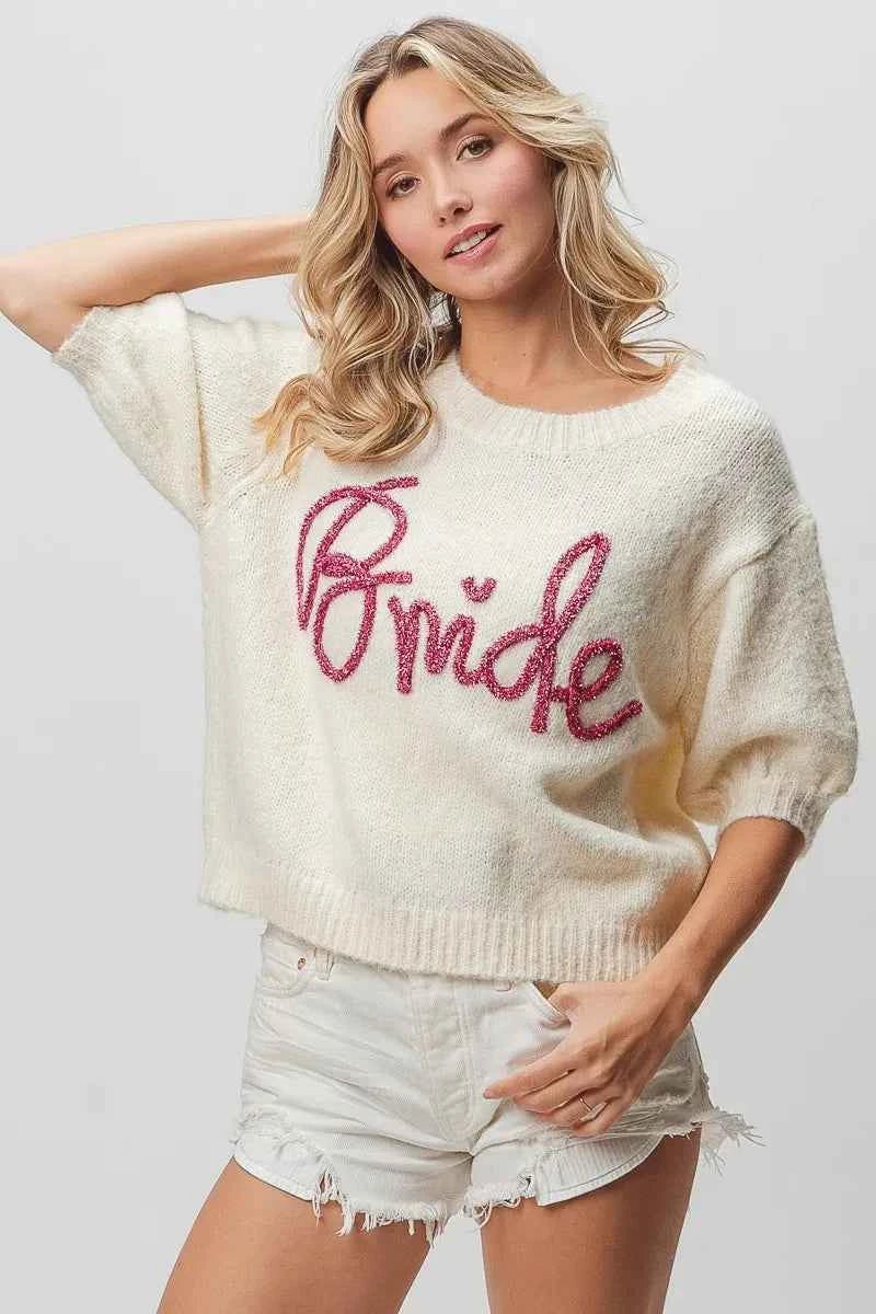 BiBi Metallic Letter Short Puff Sleeve Hairy Sweater 480bc5d964ef426883fe232ca1d1de23-Max-Origin
