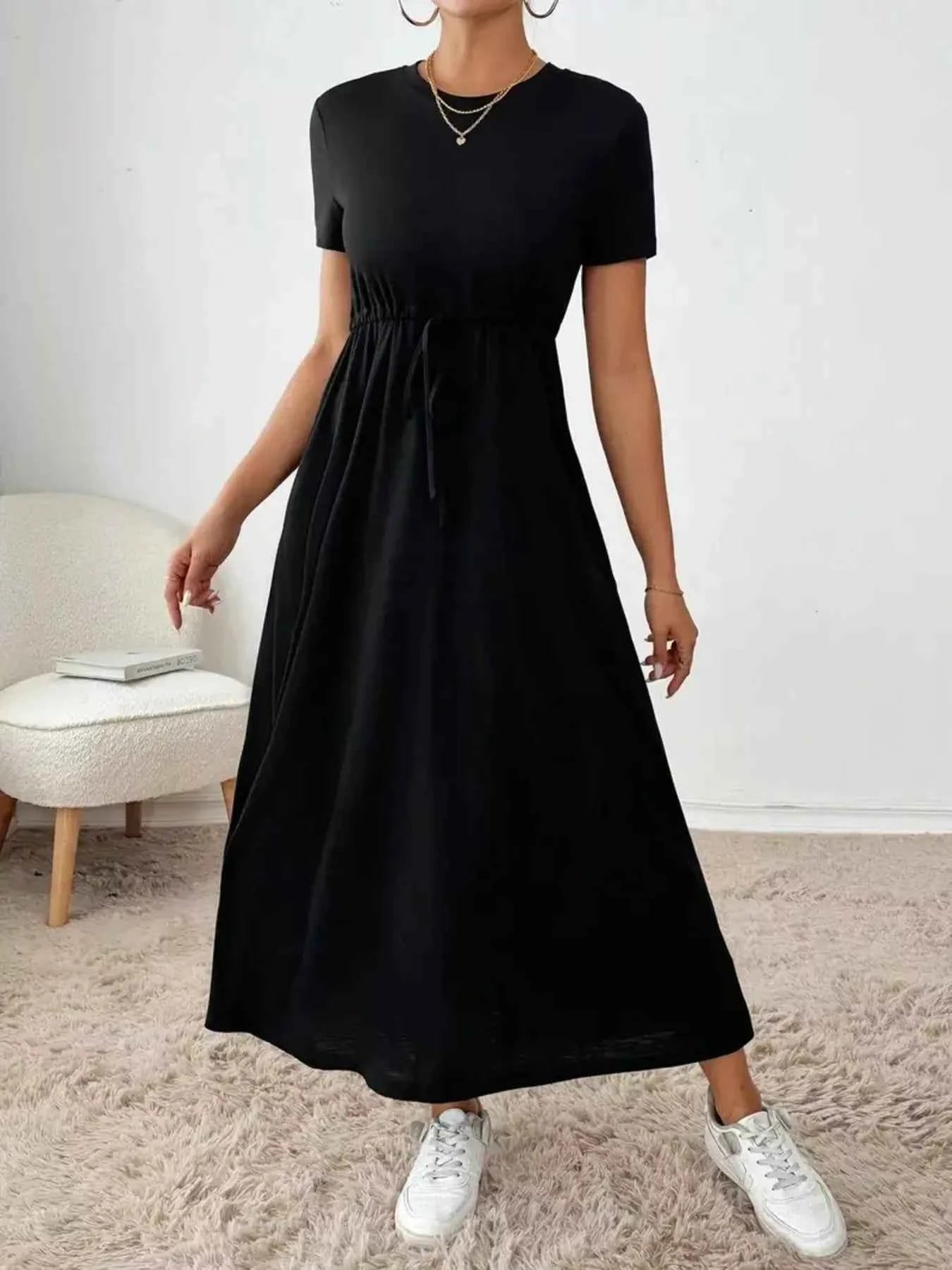 Casual Drawstring Waist Short Sleeve Tee Dress Black 480d11638184444b83ca8369ddaa0768-Max-Origin