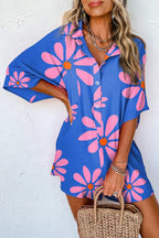 Blue Summer Flower Print Shirt Collar Loose Romper Blue 480eb1d3d26b68e0-_1