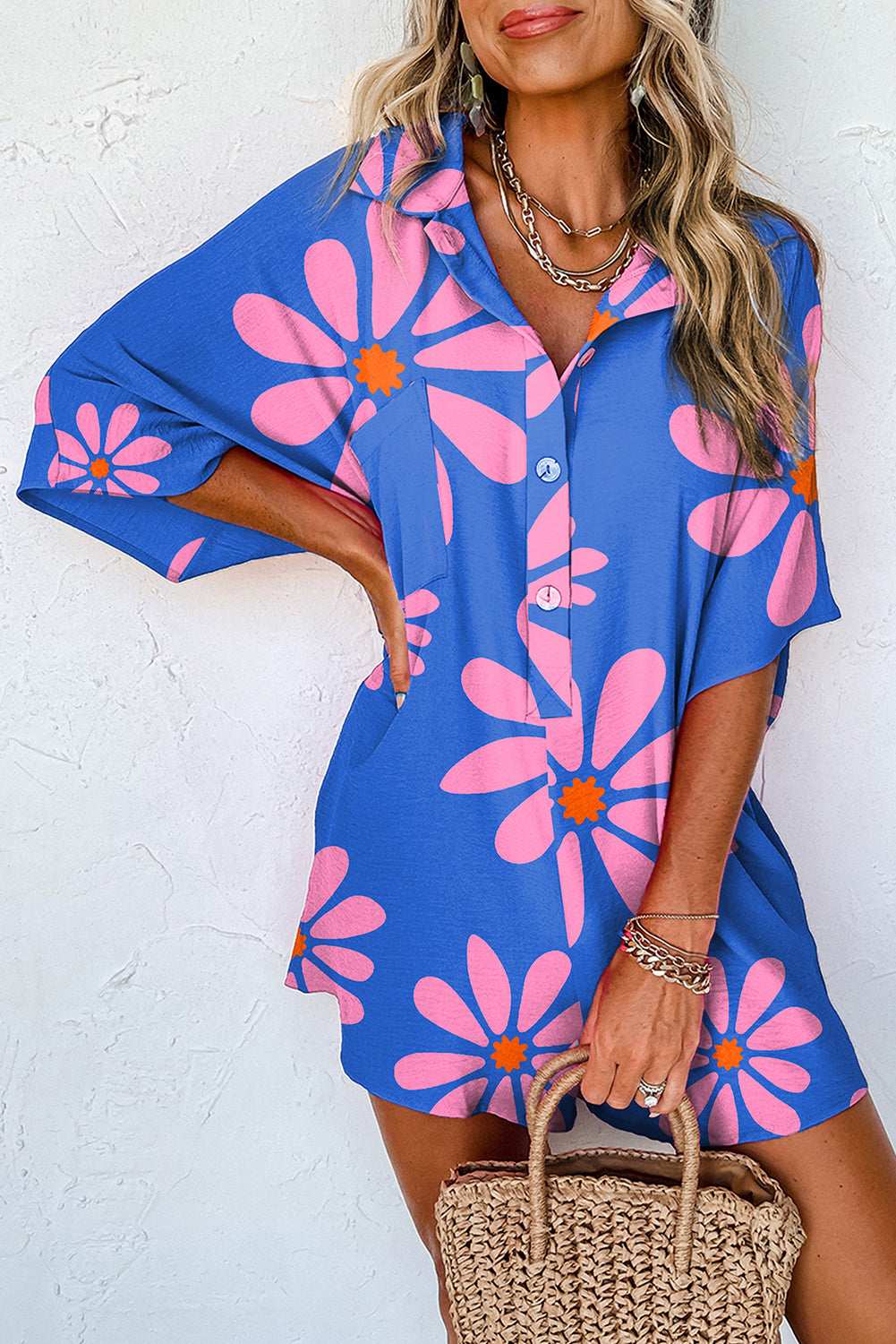 Blue Summer Flower Print Shirt Collar Loose Romper Blue 480eb1d3d26b68e0-_1