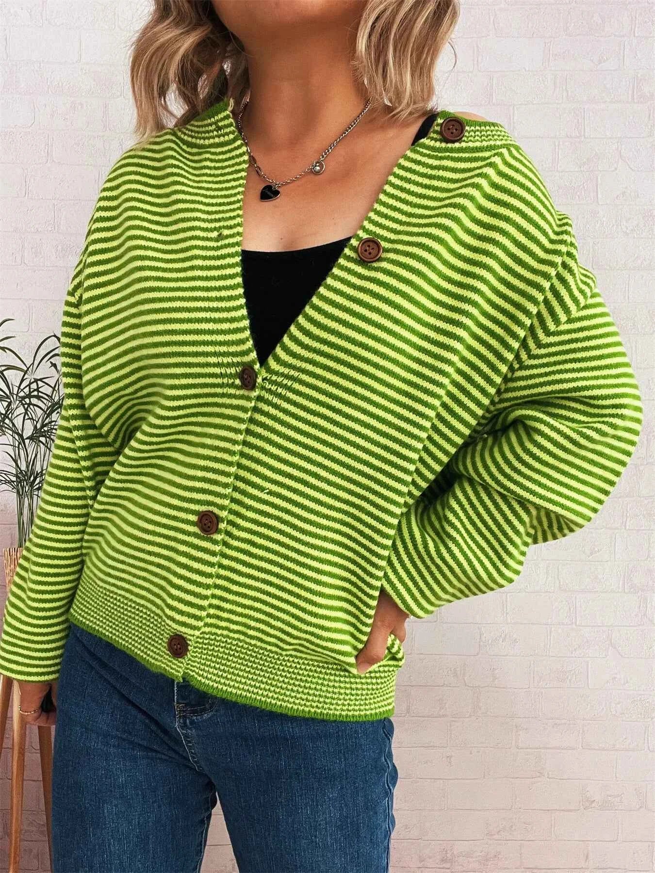 Striped Button Up Long Sleeve Cardigan 4811b812af83414c9a3335b6baf33724-Max-Origin