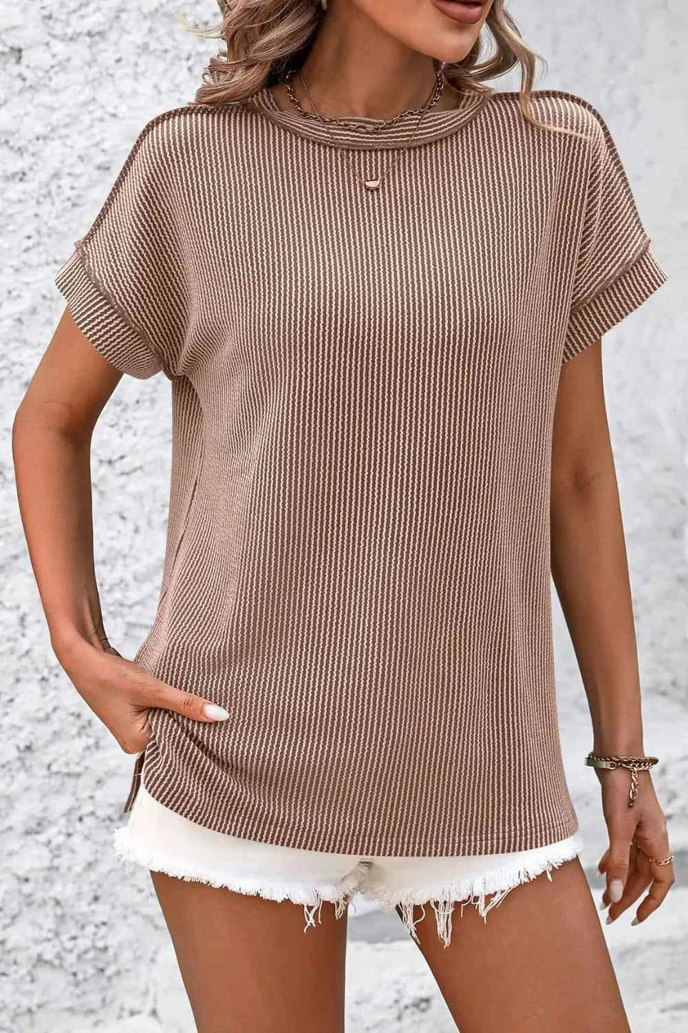 Mandy Striped Round Neck Short Sleeve T-Shirt 4811eb96-1d1b-4a77-8aa6-1253d5d18241-Max