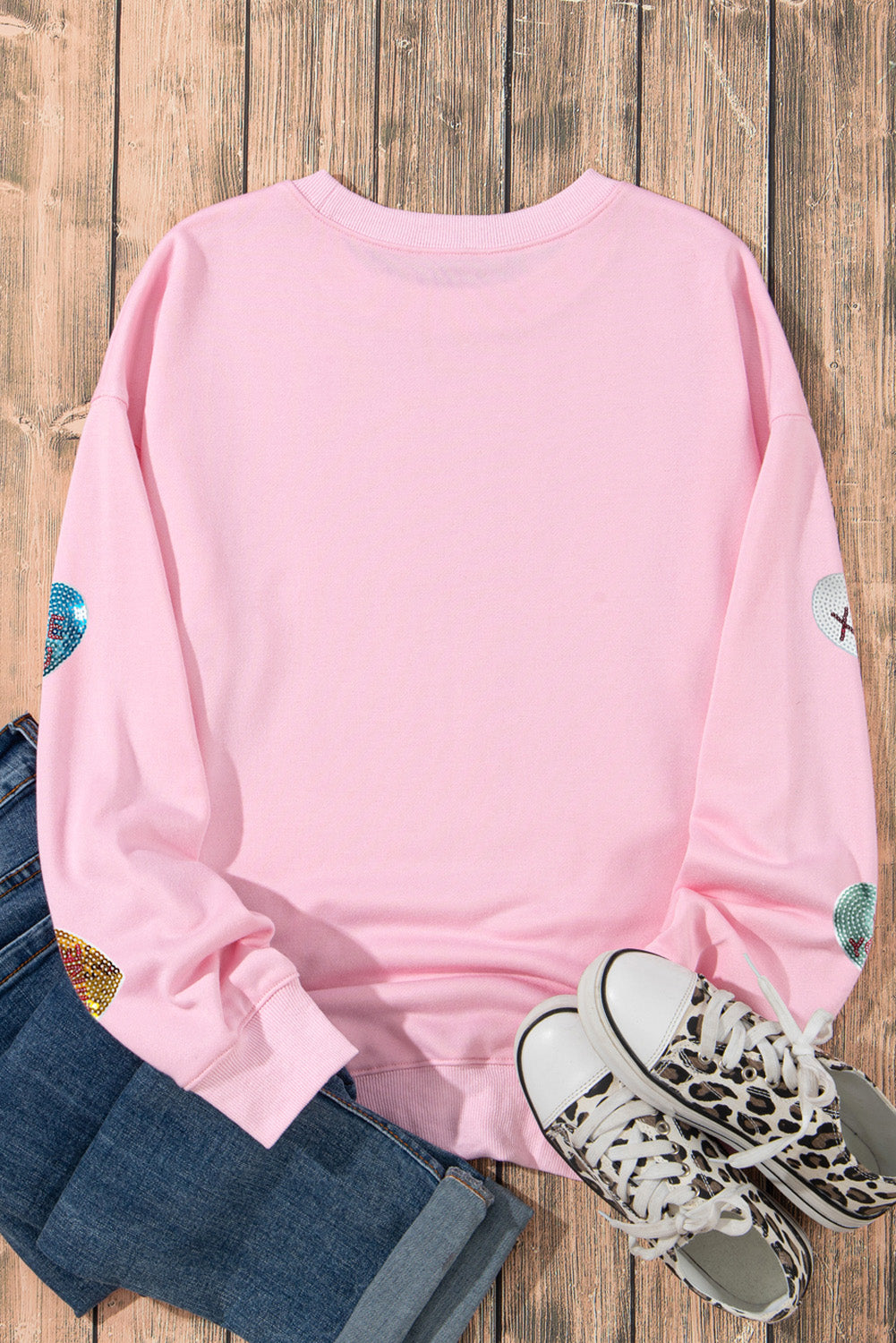 Pink Sequin Romantic Sweet Heart Graphic Valentines Sweatshirt 481cddee5aca1e7d